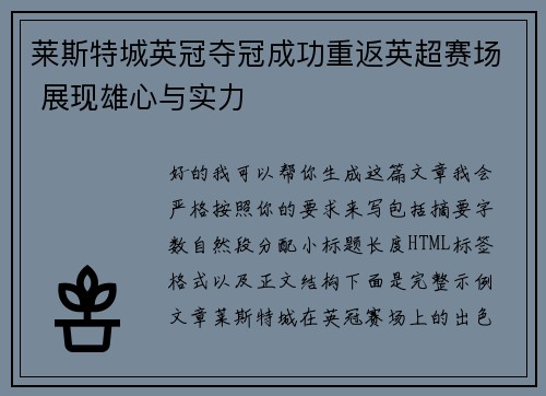 莱斯特城英冠夺冠成功重返英超赛场 展现雄心与实力